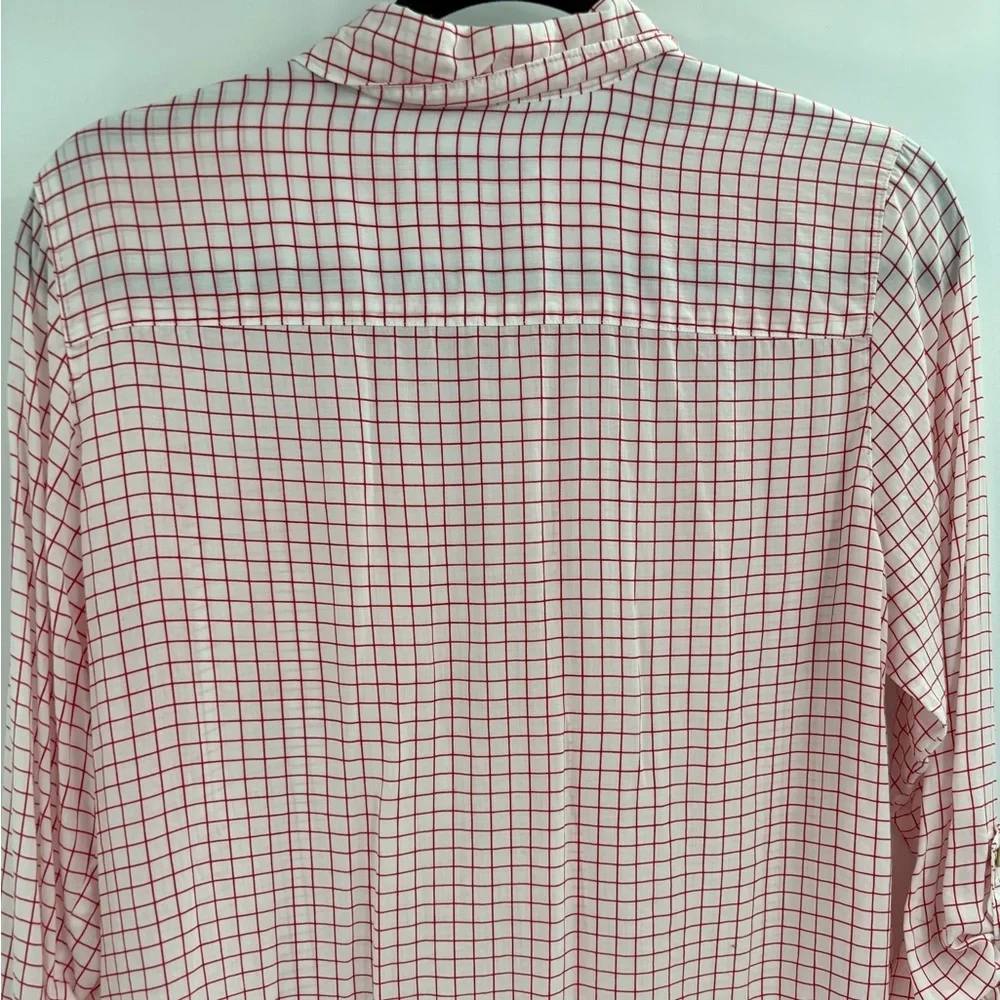 Foxcroft Women’s Blouse White Red Tencel Rolled Sleeve Gingham Button Up Size 10